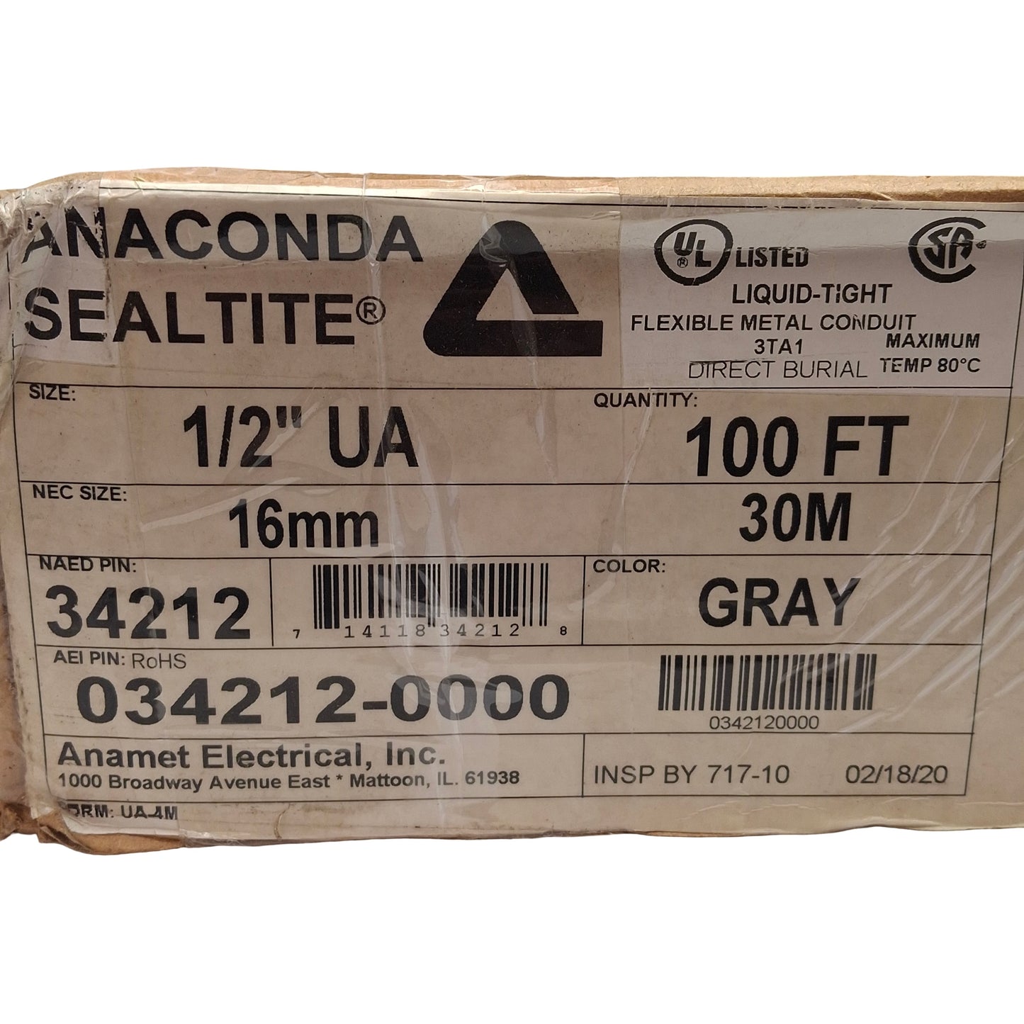 New Anamet 34212 Anaconda Sealtite Flexible Metal Conduit, 1/2in Trade Size, 100ft