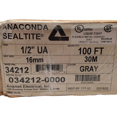 New Anamet 34212 Anaconda Sealtite Flexible Metal Conduit, 1/2in Trade Size, 100ft