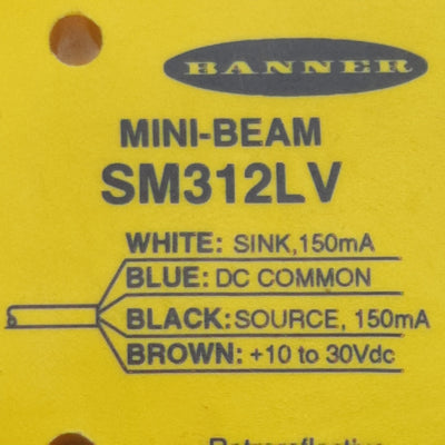 Used Banner SM312LV Mini-Beam Photoelectric Sensor, NPN/PNP, 10-30VDC, 5m Range