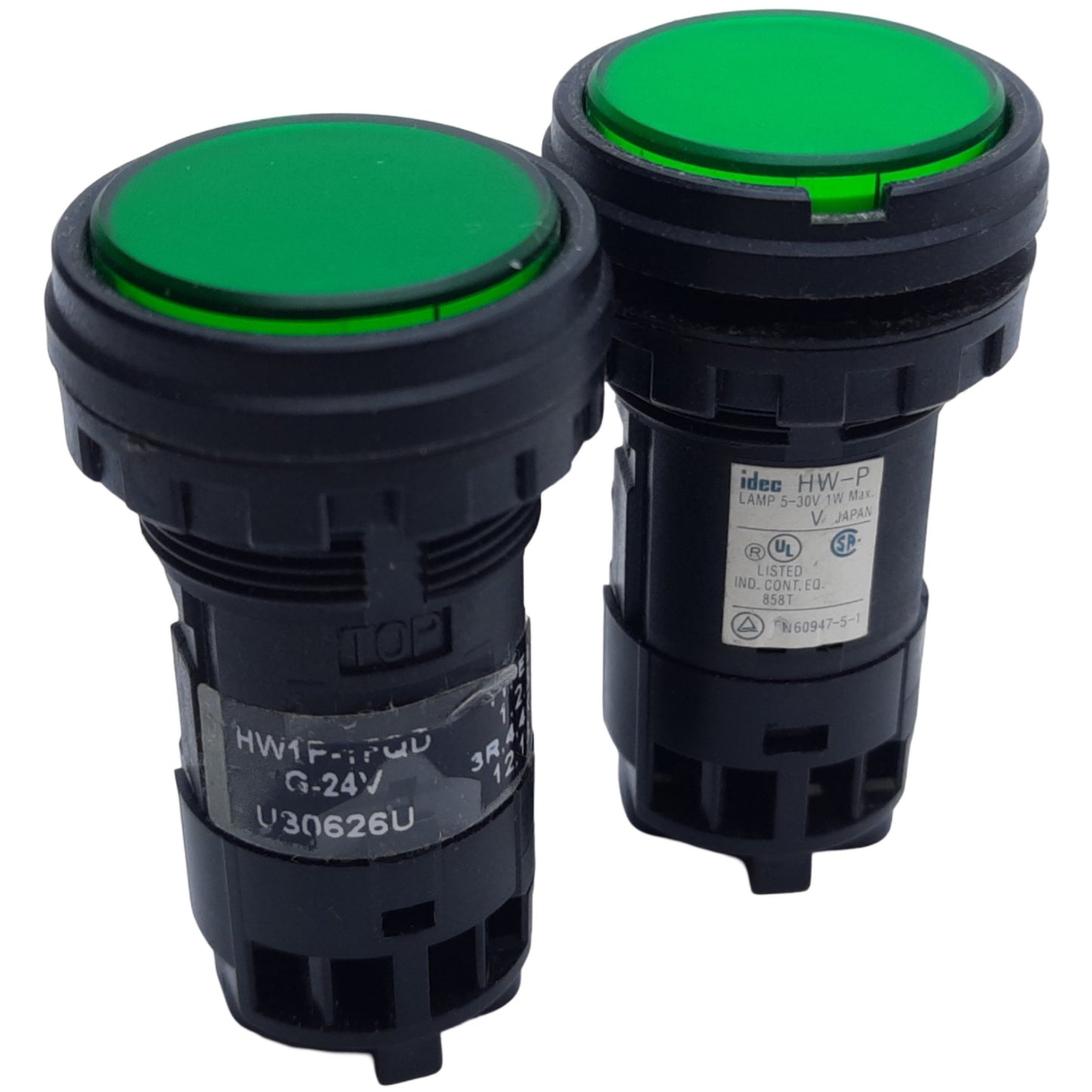 Used Lot of 2 Idec HW1P-1FQD-G-24V Pilot Light, Green Lens, 24V AC/DC *No LED Lamp*