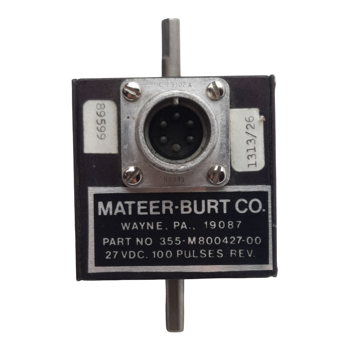 Used Mateer-Burt 355-M800427-00 Rotary Encoder, ø1/4in Shaft, 27VDC, 100PPR, 6-Pin MS
