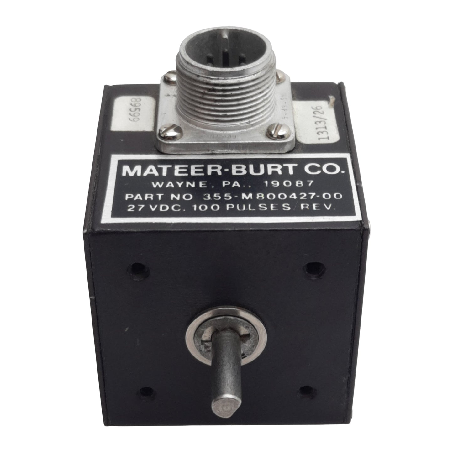 Used Mateer-Burt 355-M800427-00 Rotary Encoder, ø1/4in Shaft, 27VDC, 100PPR, 6-Pin MS