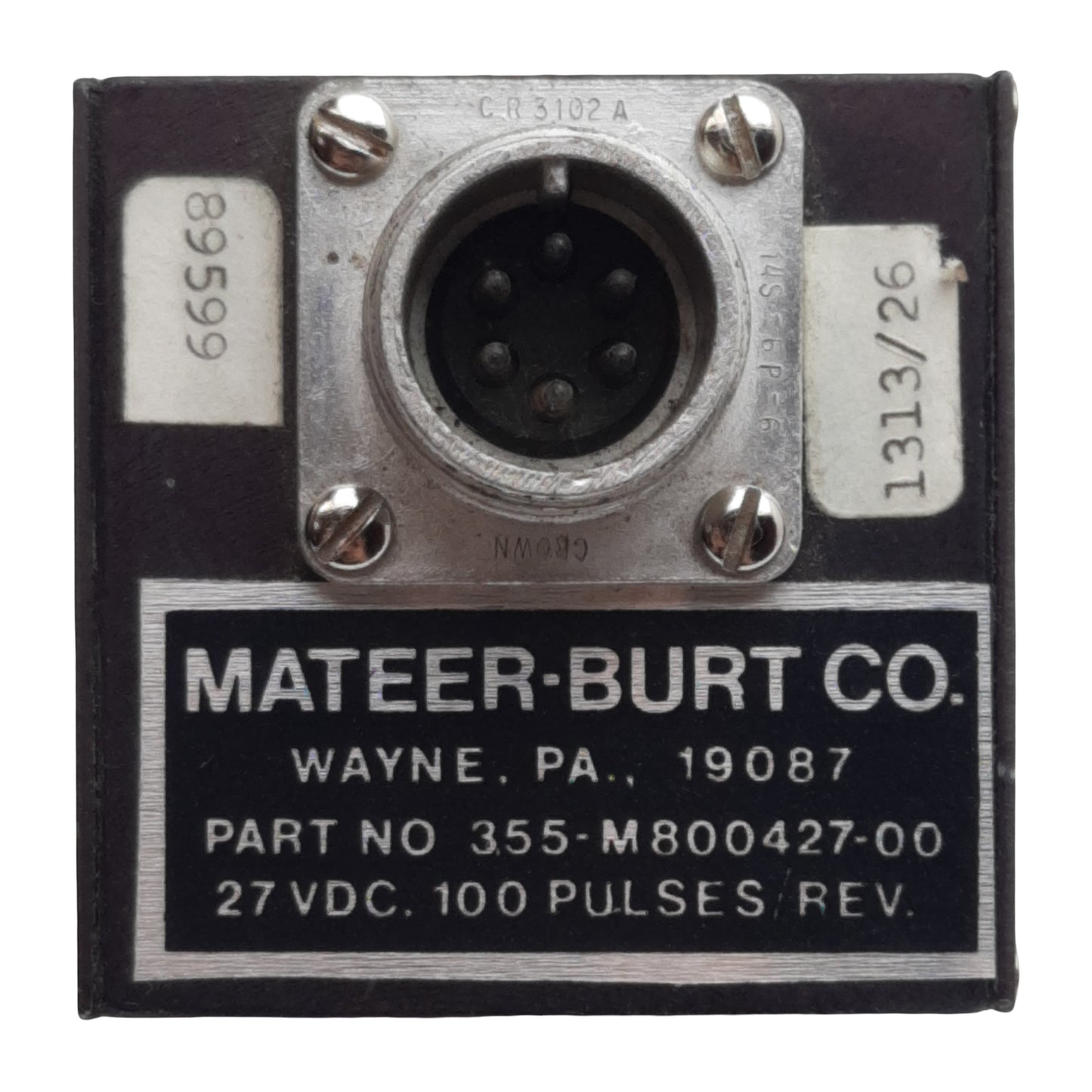 Used Mateer-Burt 355-M800427-00 Rotary Encoder, ø1/4in Shaft, 27VDC, 100PPR, 6-Pin MS