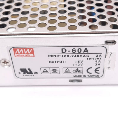 New Mean Well D-60A Power Supply, 100-240VAC 2A In, 5/12VDC 4/3A Out, 60W Max