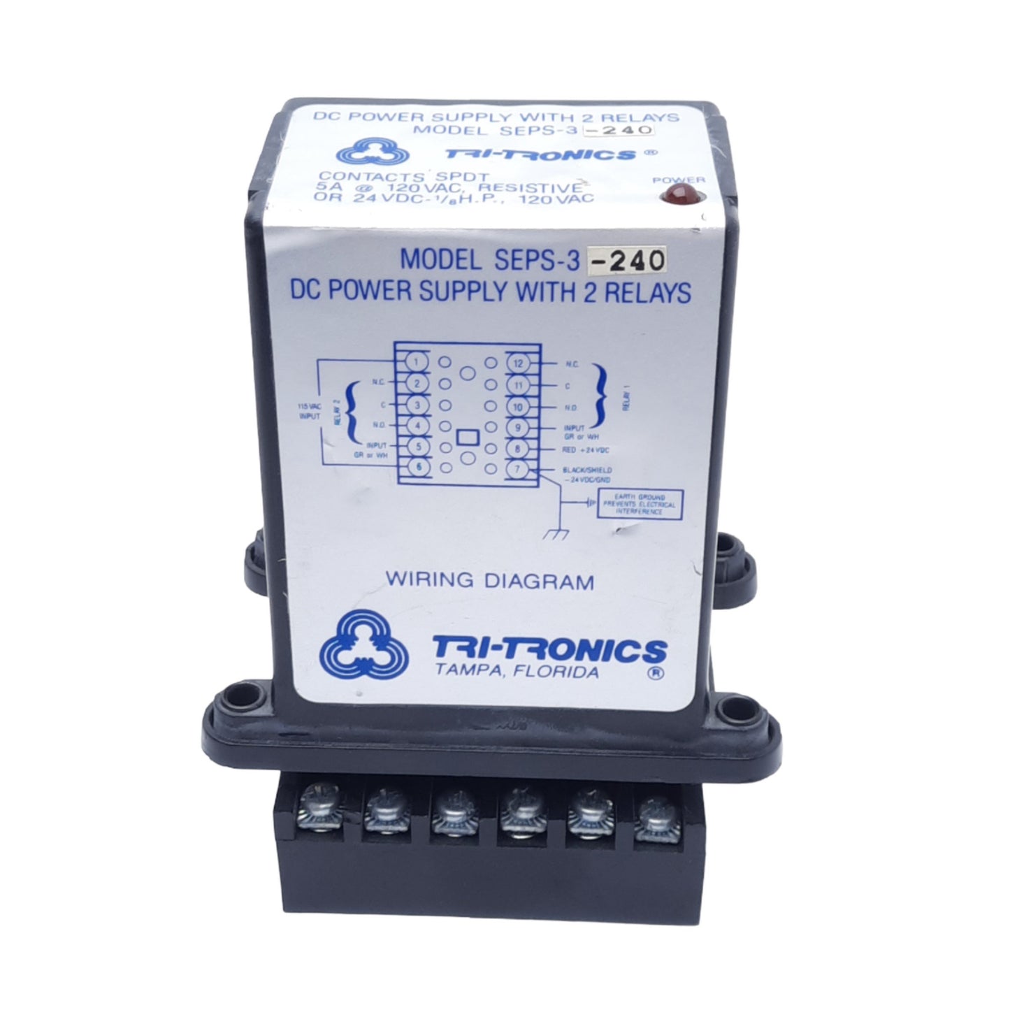 Used Tri-Tronics SEPS-3-240 Power Supply w/ 2 Relays, 240VAC In, 24VDC Out, SPDT