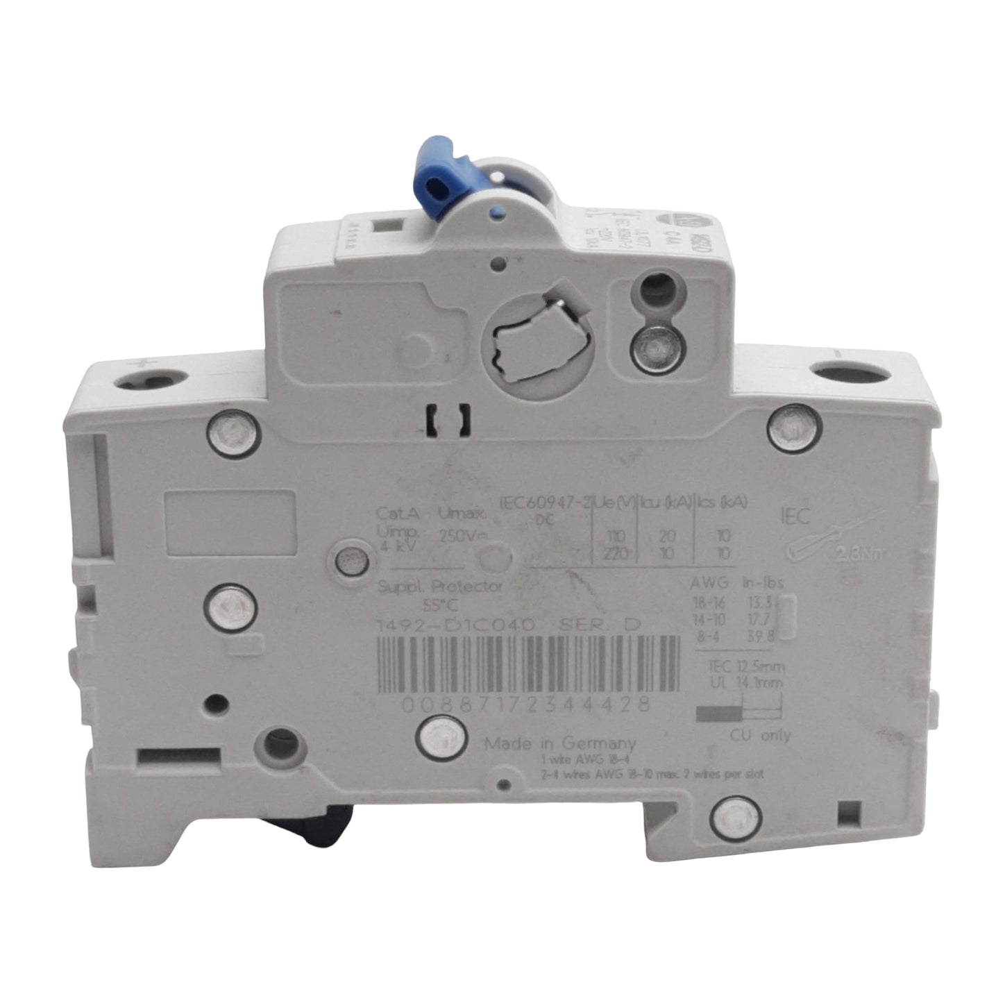 Used Allen Bradley 1492-D1C040 Circuit Breaker, 1-Pole, 4A 250VDC, DIN Rail