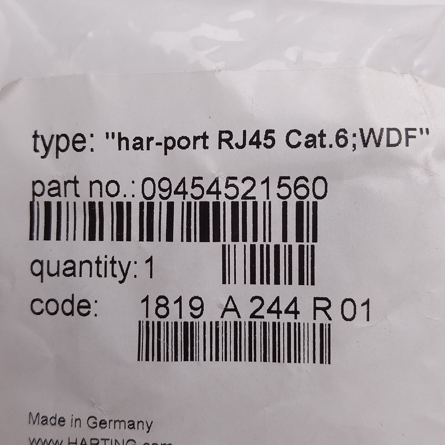 New Harting 09454521560 Har-Port RJ45 Cat 6 Port, Panel Mount, Fully Shielded