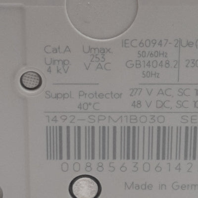 Used Allen Bradley 1492-SPM1B030 Circuit Breaker, 1-Pole, 3A 277VAC/48VDC, DIN Rail