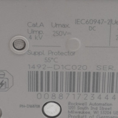 Used Allen Bradley 1492-D1C020 Circuit Breaker, 1-Pole, 2A 250VDC, DIN Rail