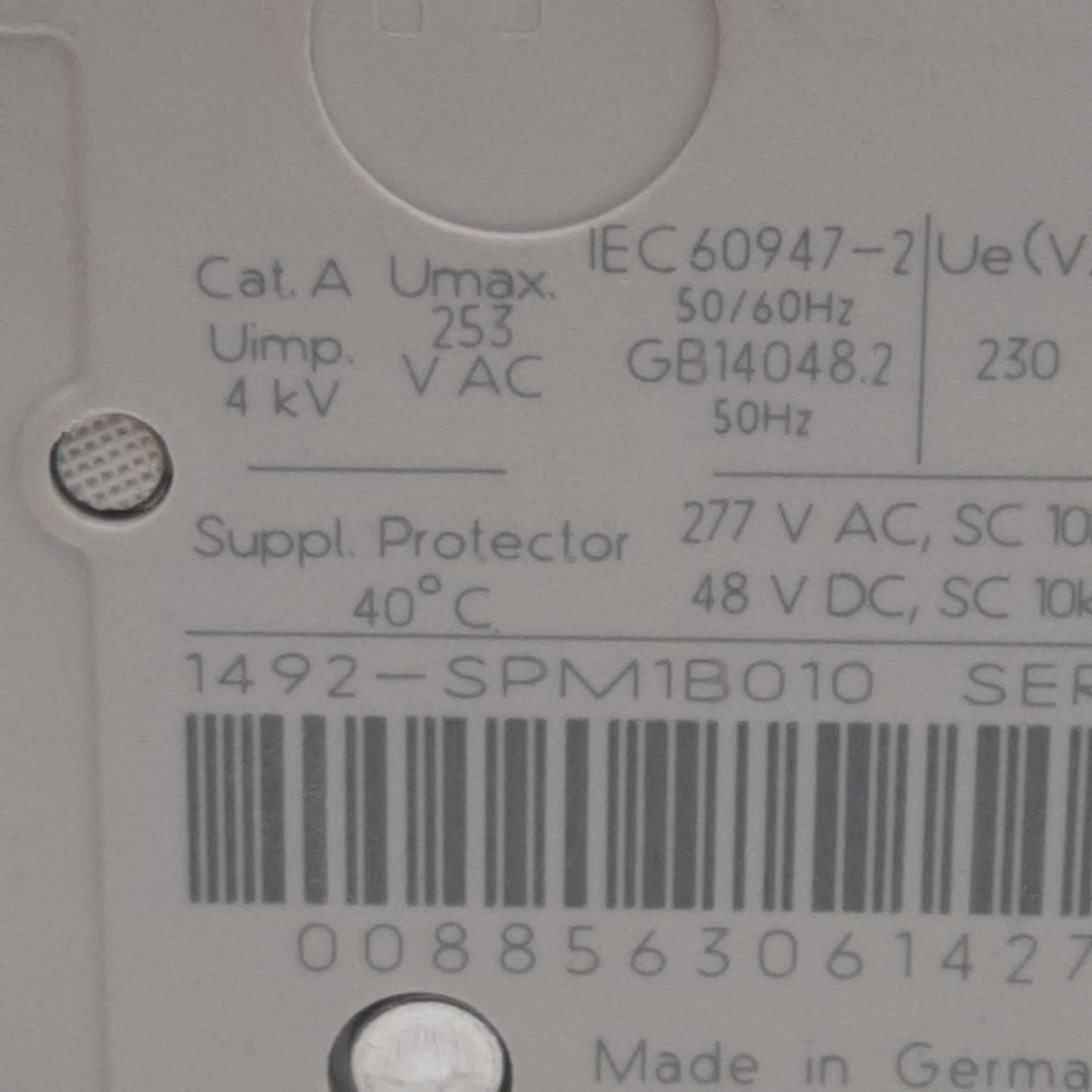 Used Allen Bradley 1492-SPM1B010 Circuit Breaker, 1-Pole, 1A 277VAC/48VDC, DIN Rail