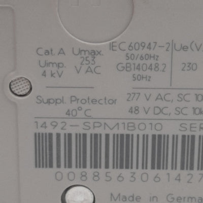 Used Allen Bradley 1492-SPM1B010 Circuit Breaker, 1-Pole, 1A 277VAC/48VDC, DIN Rail