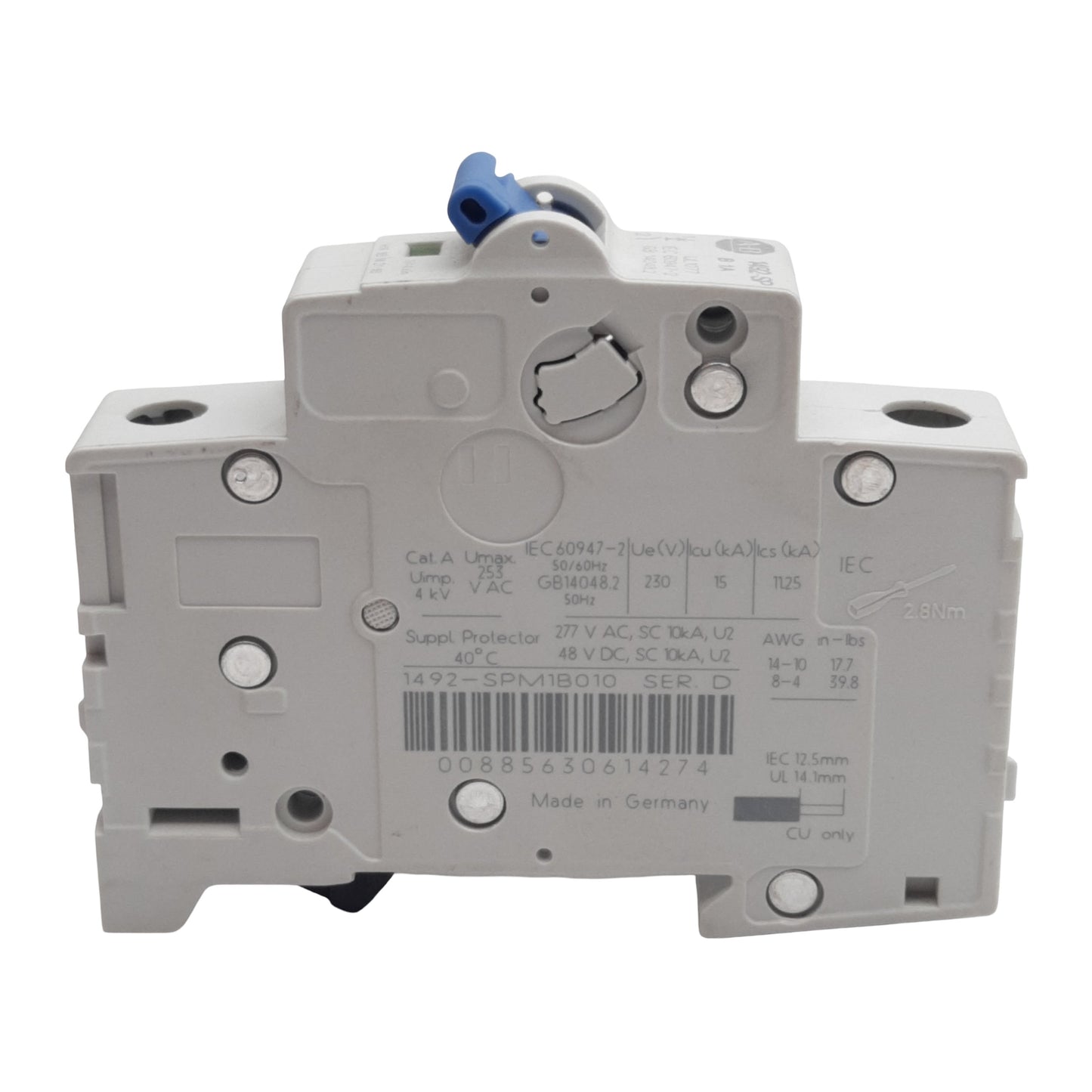 Used Allen Bradley 1492-SPM1B010 Circuit Breaker, 1-Pole, 1A 277VAC/48VDC, DIN Rail