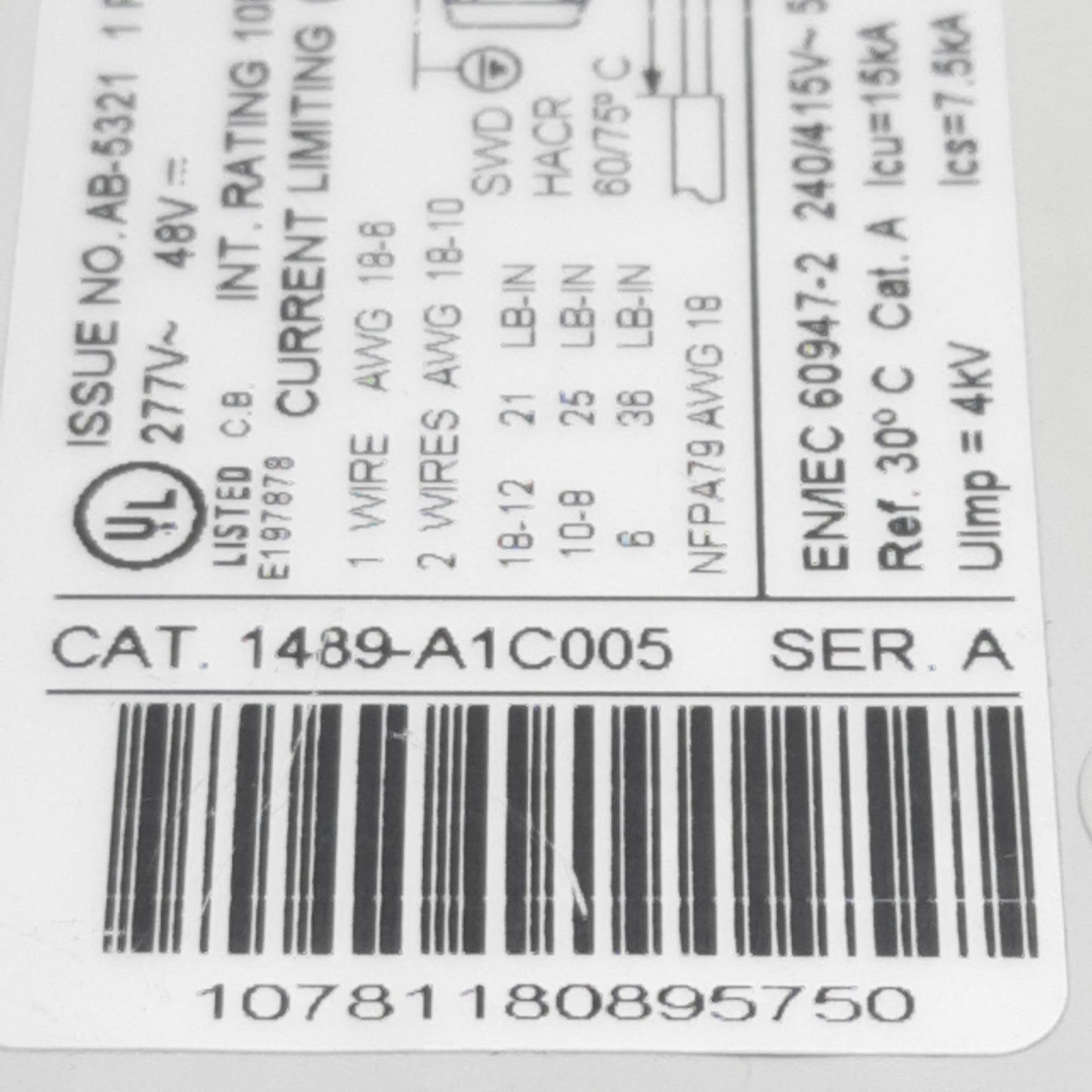 Used Allen Bradley 1489-A1C005 Circuit Breaker, 1-Pole, 0.5A 277VAC/48VDC, DIN Rail