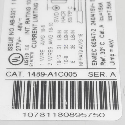 Used Allen Bradley 1489-A1C005 Circuit Breaker, 1-Pole, 0.5A 277VAC/48VDC, DIN Rail