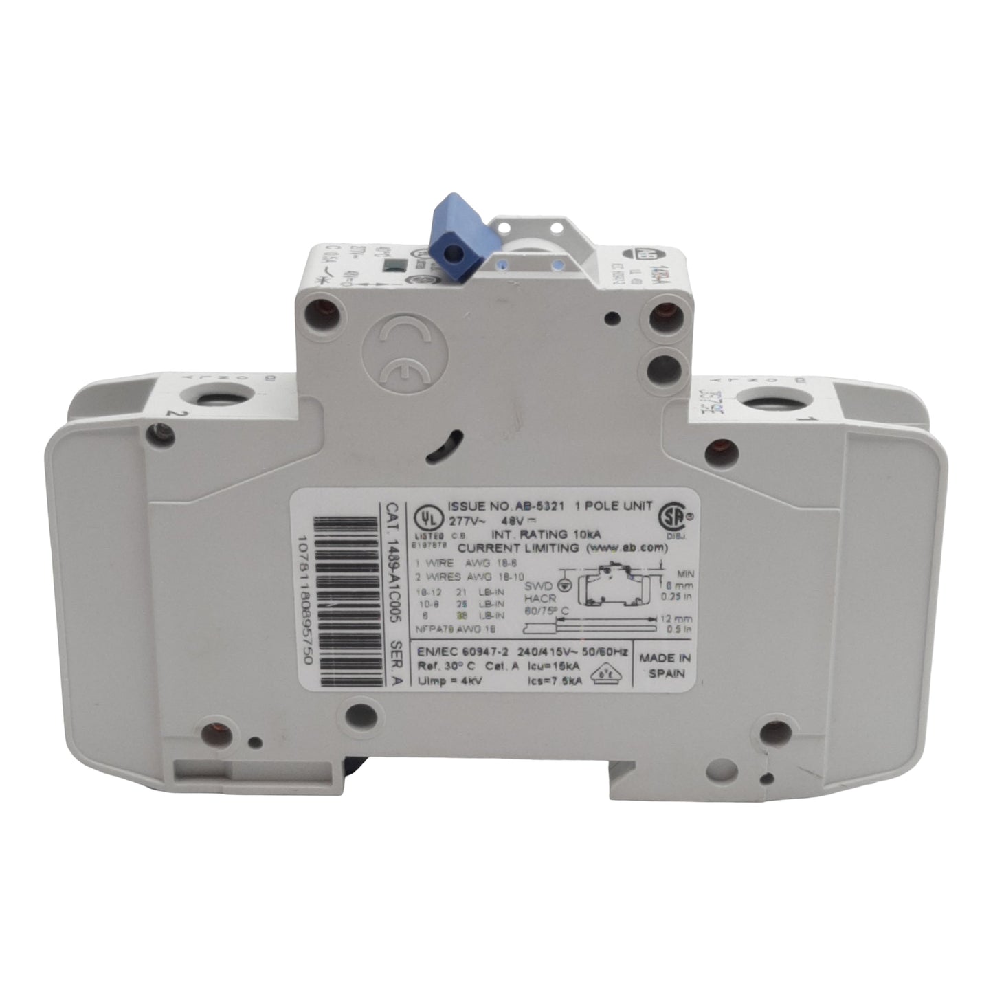 Used Allen Bradley 1489-A1C005 Circuit Breaker, 1-Pole, 0.5A 277VAC/48VDC, DIN Rail