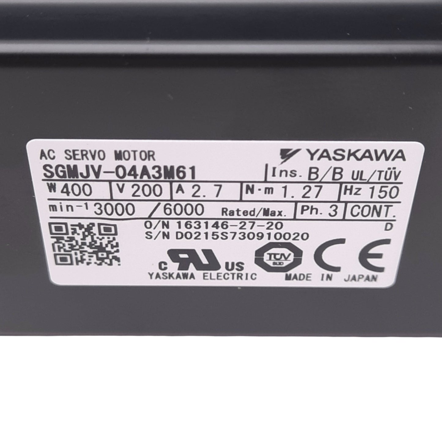 New Yaskawa SGMJV-04A3M61 Rotary Servo Motor, 400W, 200VAC 3ph, 6000rpm Max