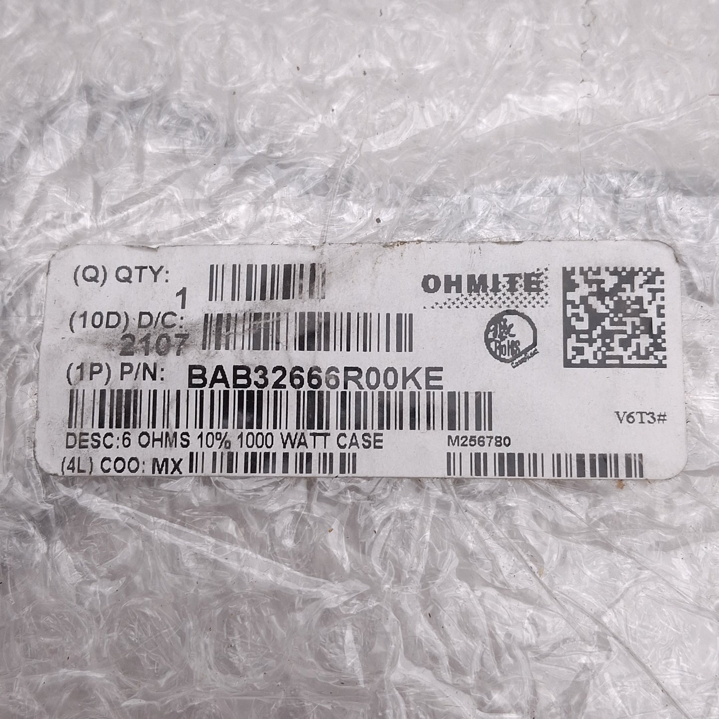 New Ohmite BAB32666R00KE Aluminum Wirewound Braking Resistor, 1000W, 6 Ohms ± 10%