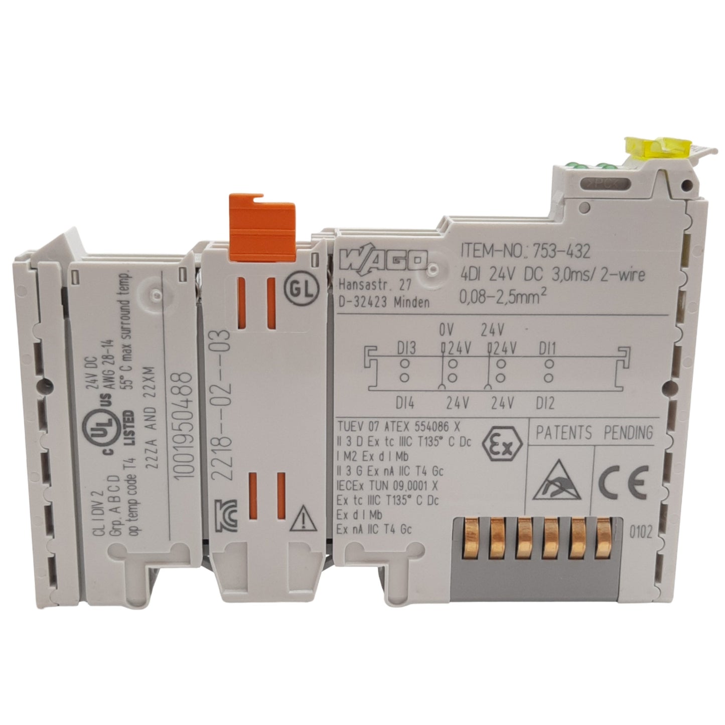 New WAGO 753-432 4-Channel Digital Input Module 24VDC, 10A, 4 Inputs, DIN Rail