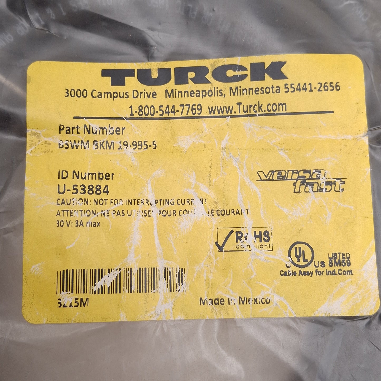 New Turck BSWM BKM 19-995-5 Extension Cordset, M16 Versafast 19-Pin, 30V 3A, 5m