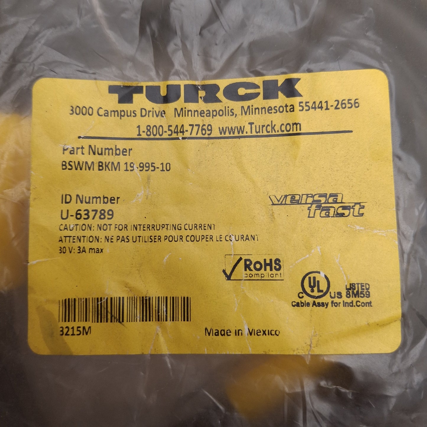 New Turck BSWM BKM 19-995-10 Extension Cordset, M16 Versafast 19-Pin, 30V 3A, 10m