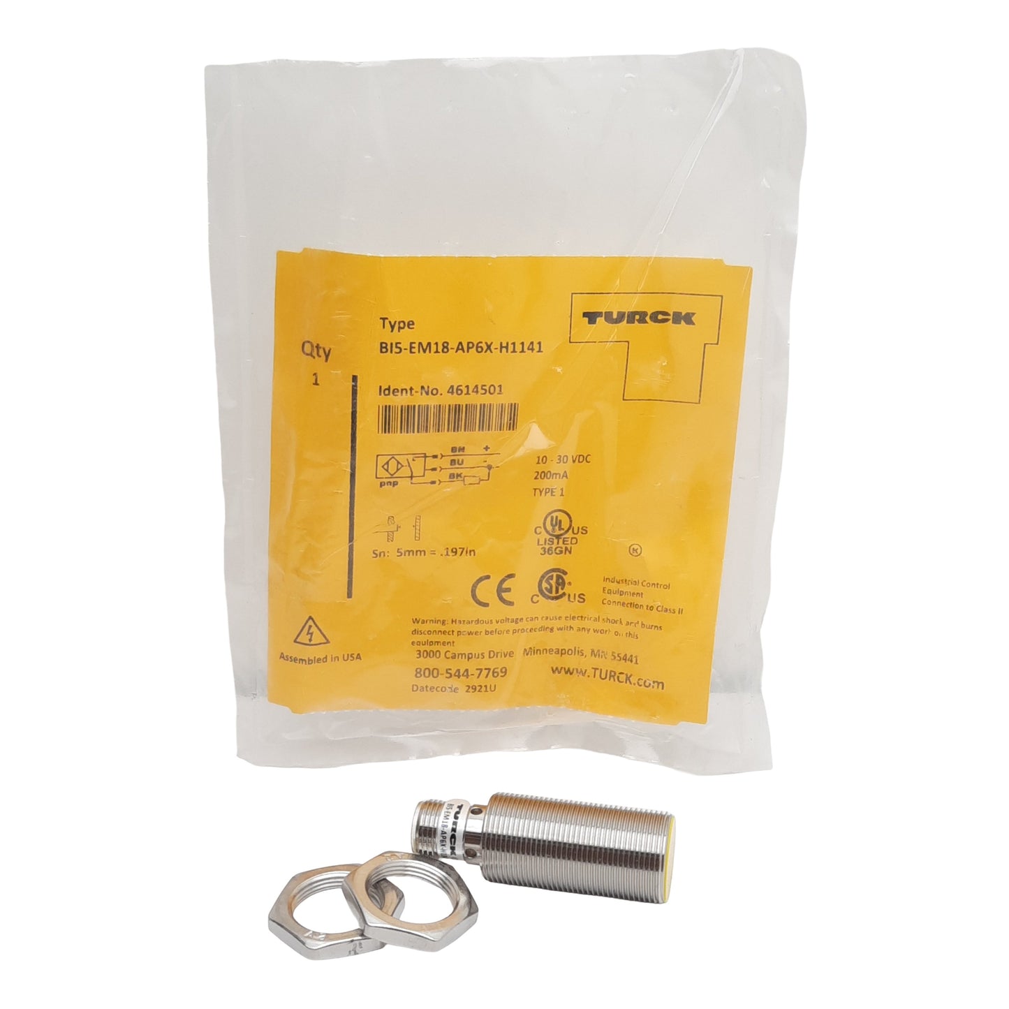 New Turck B15-EM18-AP6X-H1141 Inductive Sensor PNP NO, 5mm, 10-30VDC, 4-Pin M12 Male