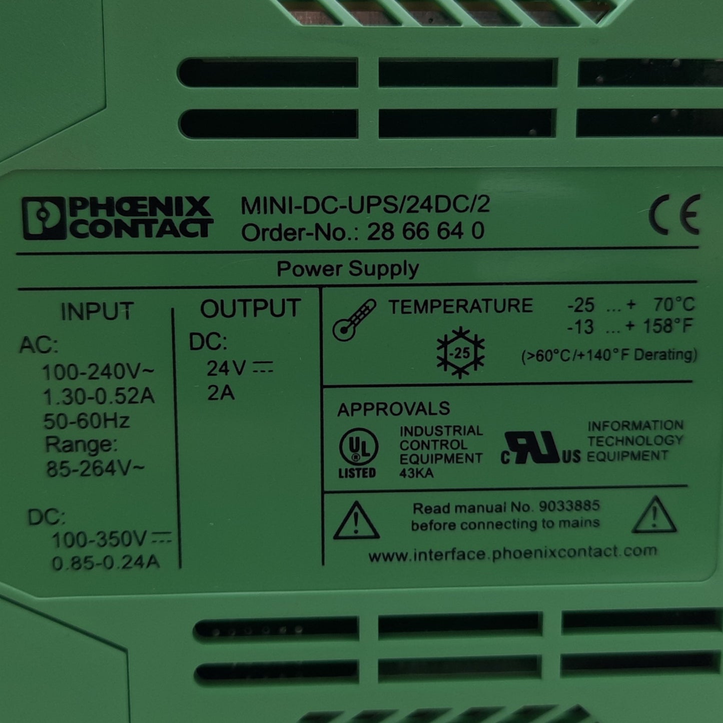 New – Open box Phoenix Contact 2866640 Power Supply, Input 100-240V AC, Output 2A 24V DC