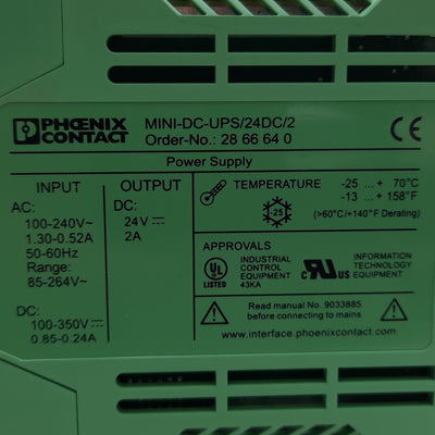 New – Open box Phoenix Contact 2866640 Power Supply, Input 100-240V AC, Output 2A 24V DC