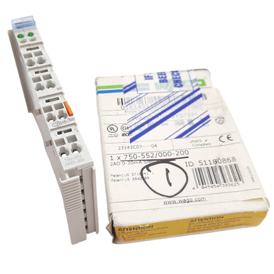 New WAGO 750-552/000-200 2-Channel Analog Output Module 24VDC, 2 Outputs, DIN Rail