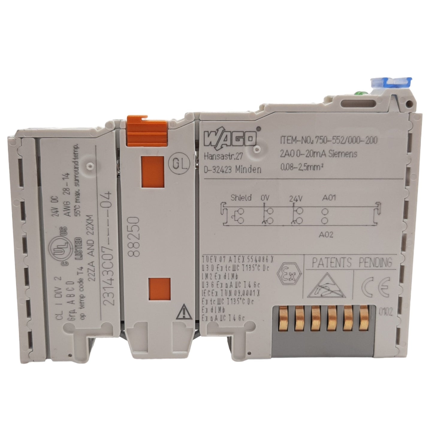 New WAGO 750-552/000-200 2-Channel Analog Output Module 24VDC, 2 Outputs, DIN Rail