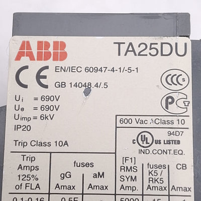 New – Open box ABB TA25DU-1.0M Thermal Overload Relay, 3-Pole, 1NC + 1NO Aux, 0.63-1.0A, 600VAC