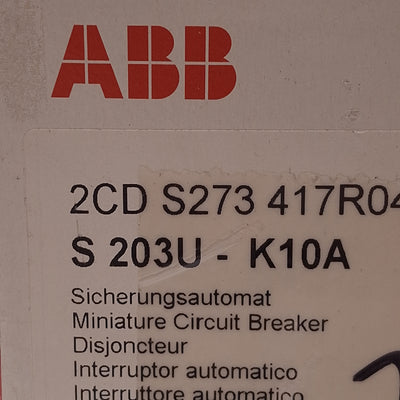 New ABB S203U-K10A Circuit Breaker, 3-Poles, K-Curve, 240VAC, 10A, DIN Rail