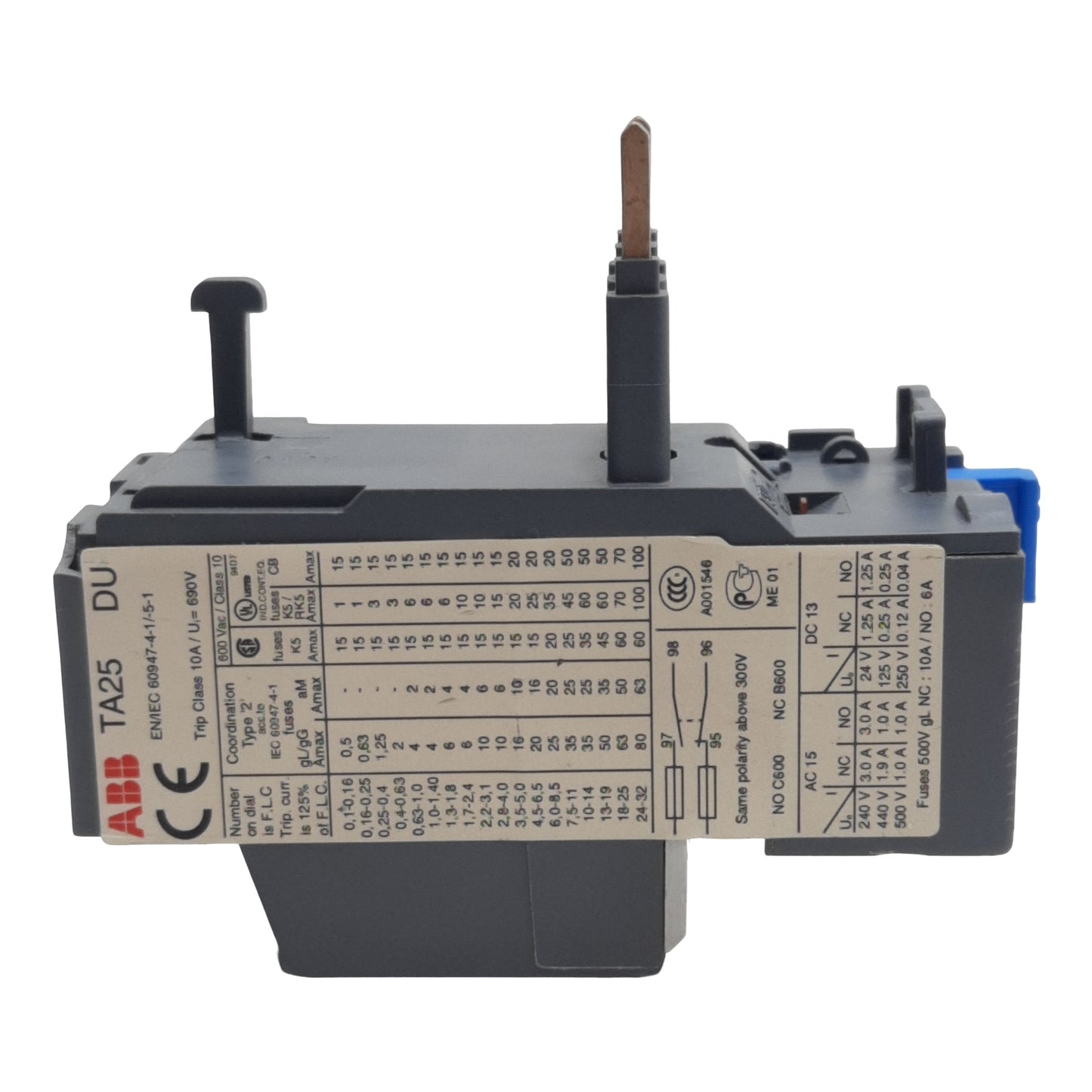 Used ABB TA25DU-19M Thermal Overload Relay, 3-Poles, 1N.C. + 1N.O., 13-19A, 600VAC