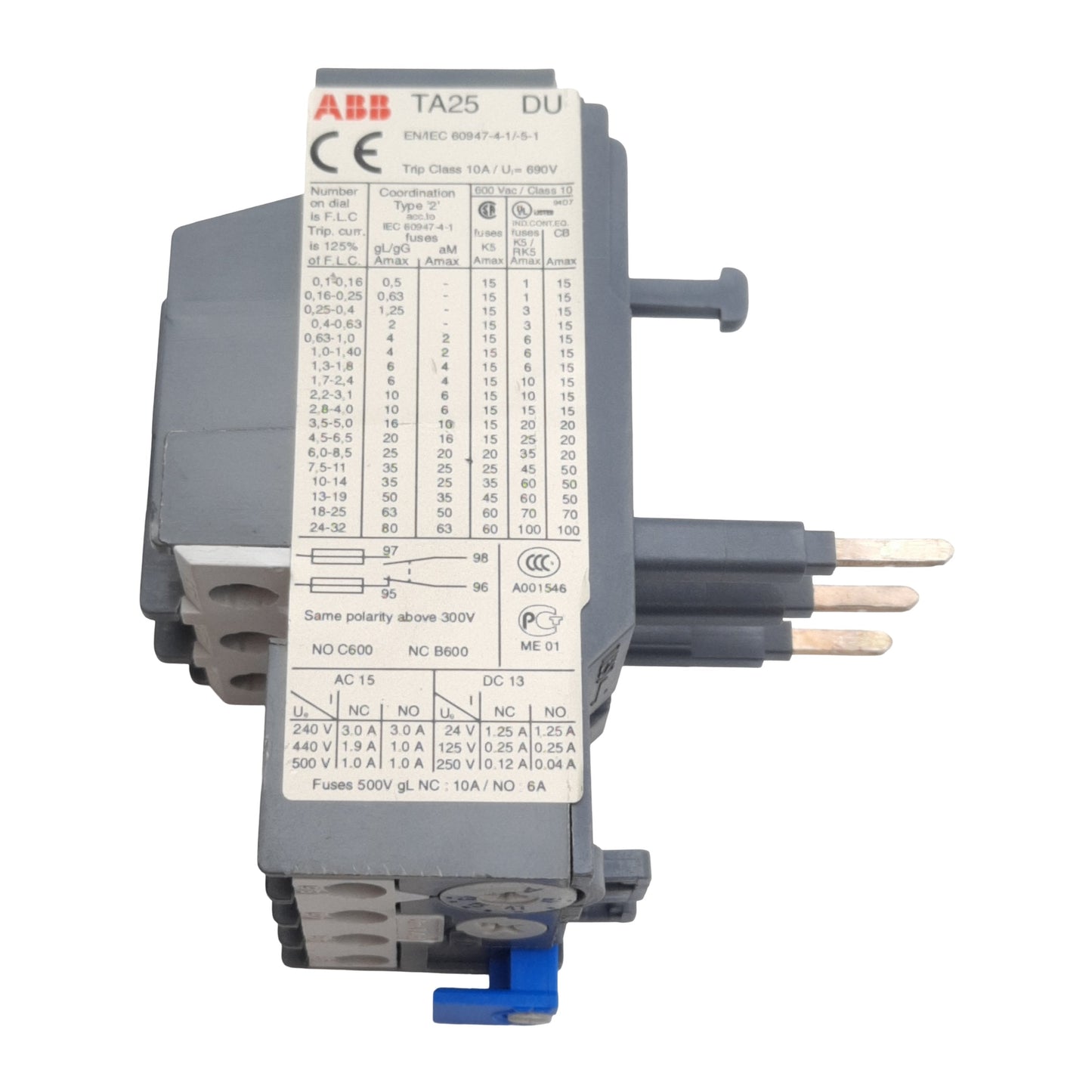 Used ABB TA25DU-19M Thermal Overload Relay, 3-Poles, 1N.C. + 1N.O., 13-19A, 600VAC