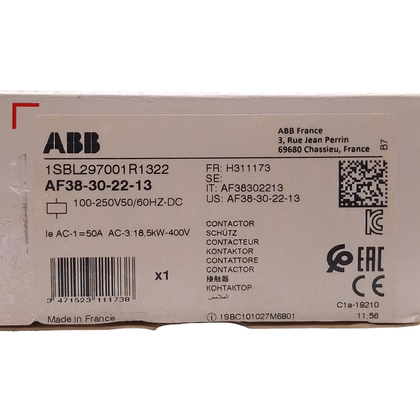New ABB AF38-30-22-13 Contactor 3P 2NO+2NC Aux, 18.5kW @ 400VAC 38A, 100-250VDC Coil