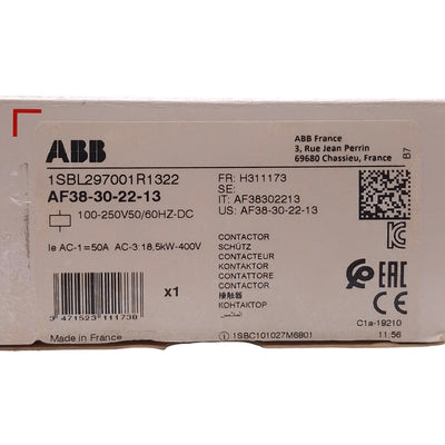 New ABB AF38-30-22-13 Contactor 3P 2NO+2NC Aux, 18.5kW @ 400VAC 38A, 100-250VDC Coil