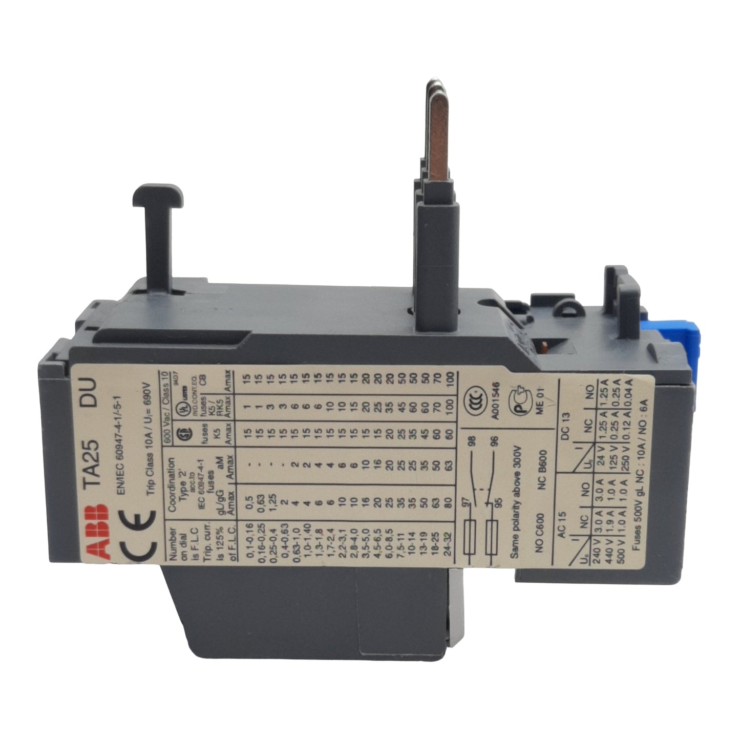 Used ABB TA25DU-2.4M Thermal Overload Relay, 3-Poles, 1N.C. + 1N.O., 1.7-2.4A, 600VAC