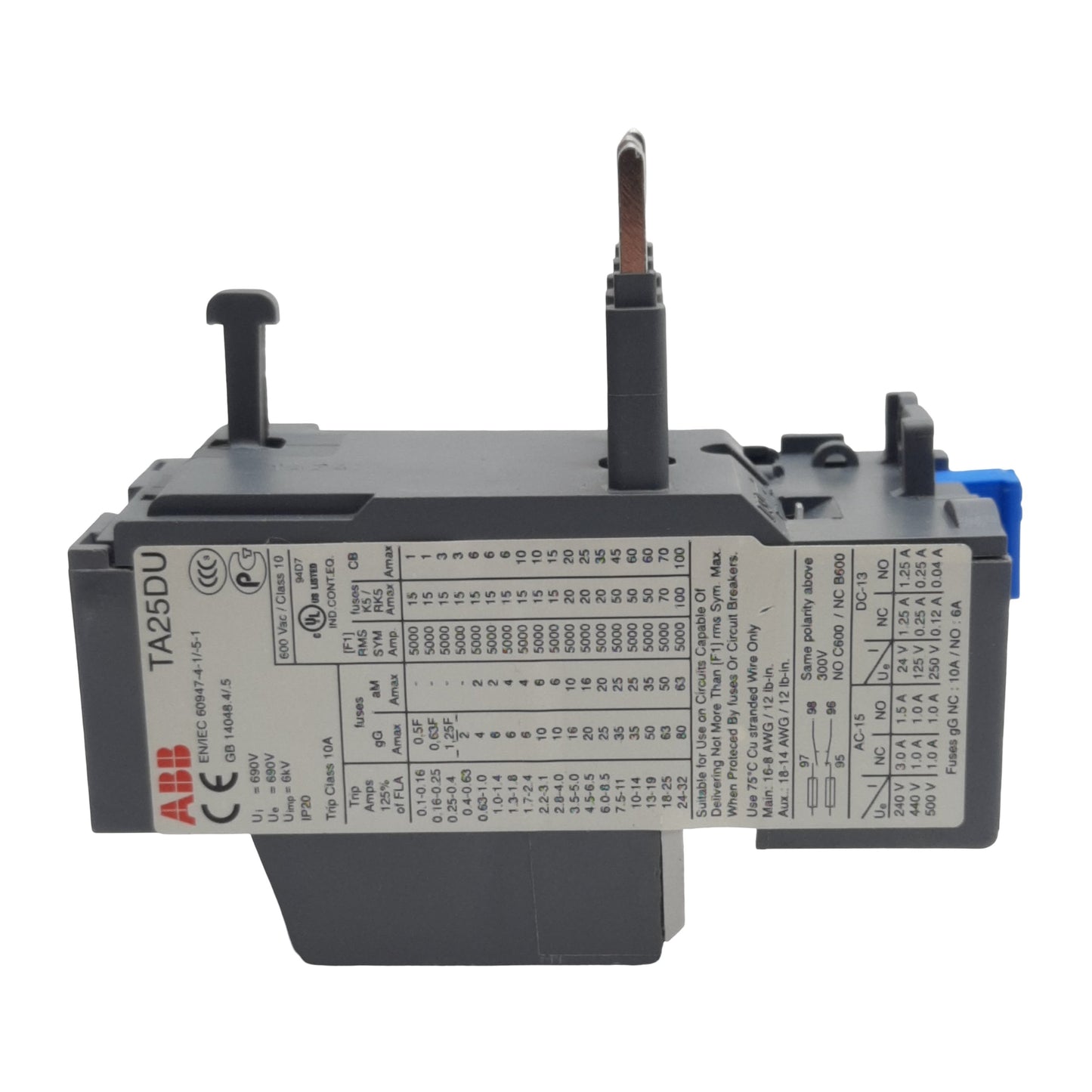 Used ABB TA25DU-0.63M Thermal Overload Relay, 3-Poles, 1N.C + 1N.O, 0.4-0.63A, 600VAC