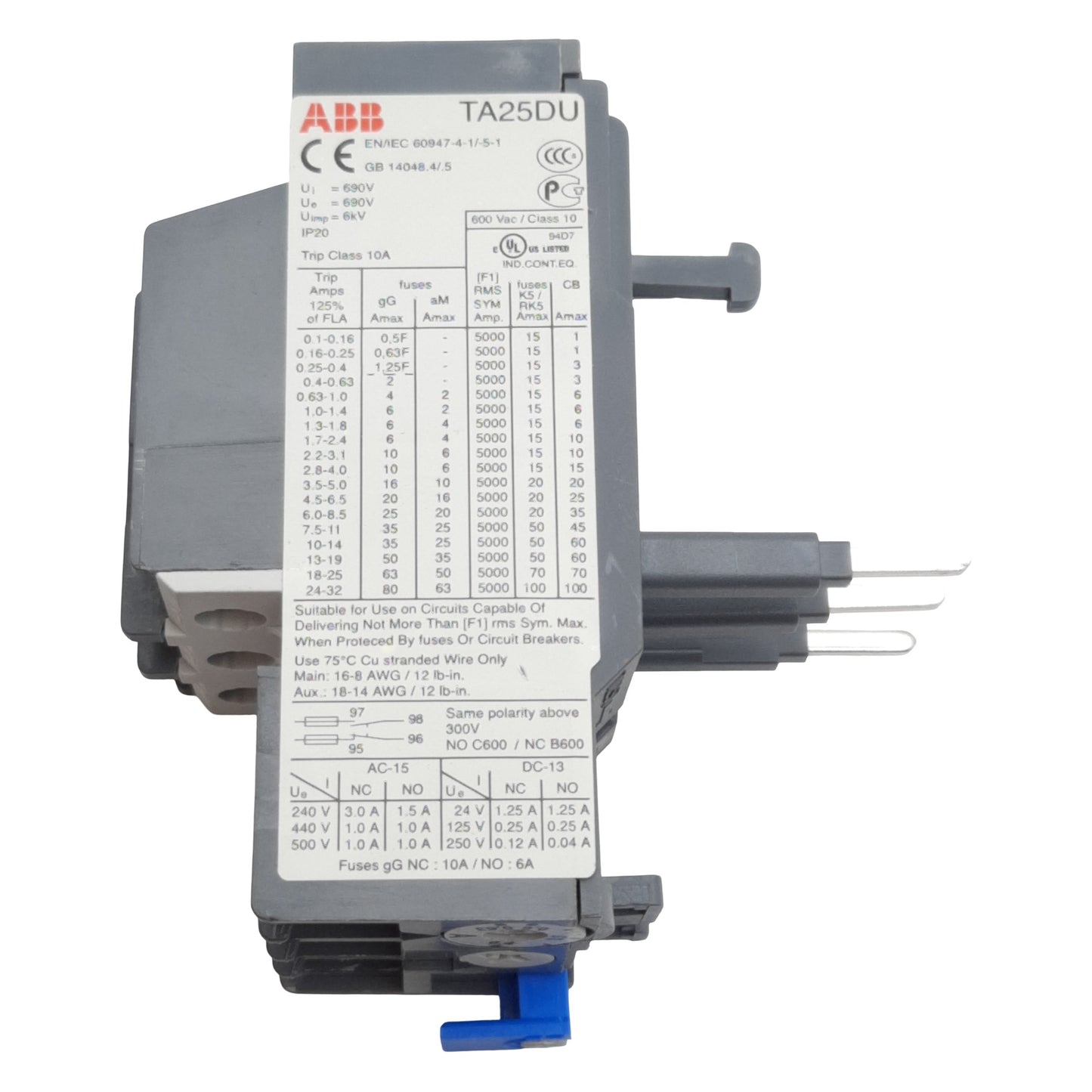 Used ABB TA25DU-0.63M Thermal Overload Relay, 3-Poles, 1N.C + 1N.O, 0.4-0.63A, 600VAC