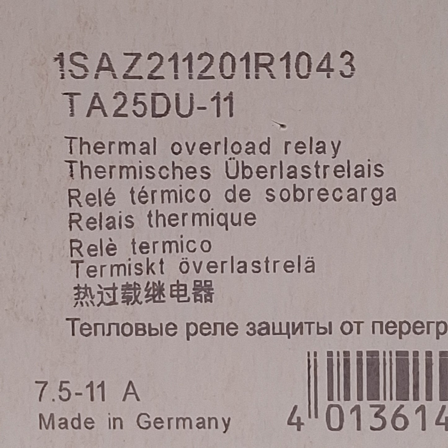 New ABB TA25DU-11 Thermal Overload Relay, 3-Pole, 1NC + 1NO Aux, 7.5-11A, 600VAC