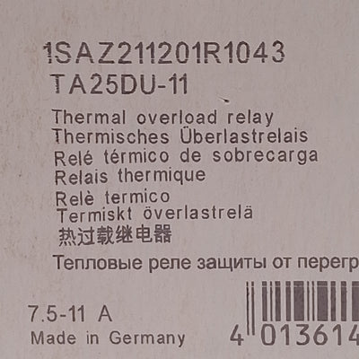 New ABB TA25DU-11 Thermal Overload Relay, 3-Pole, 1NC + 1NO Aux, 7.5-11A, 600VAC