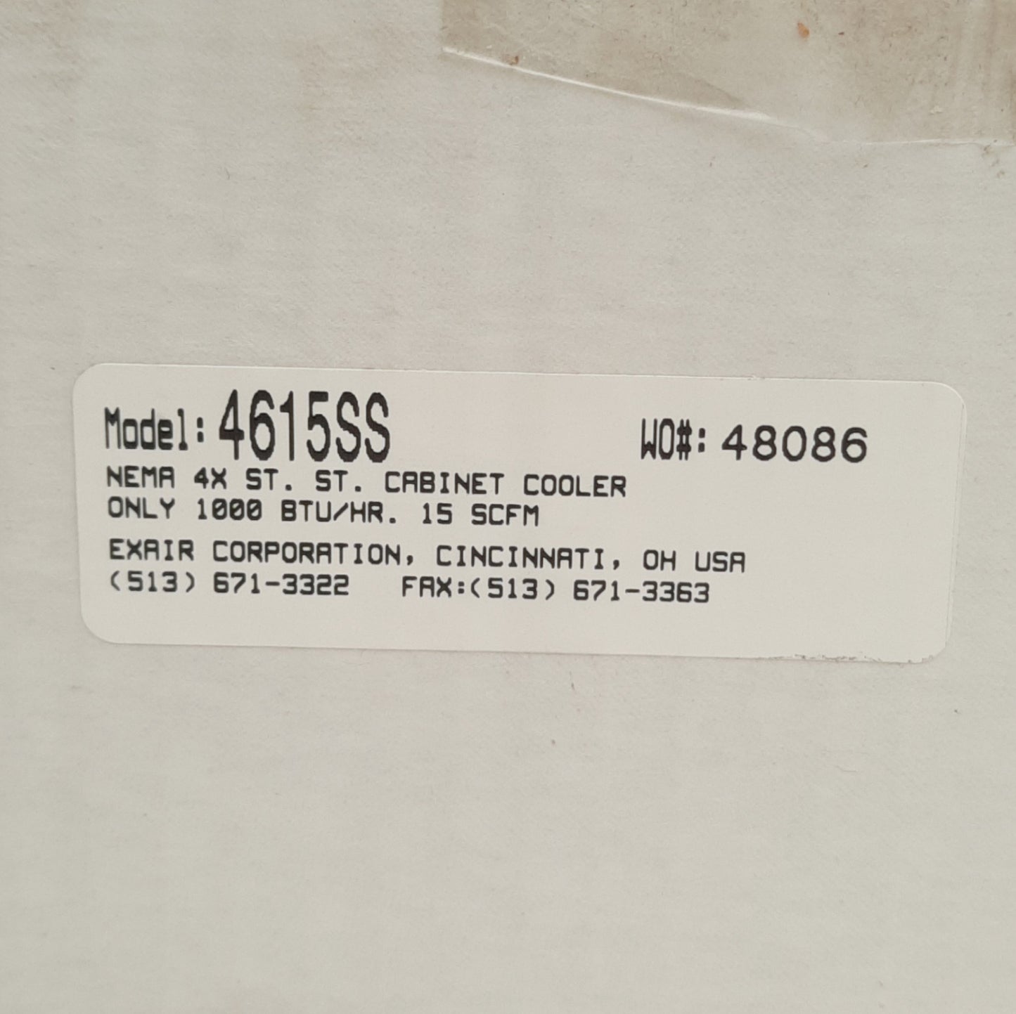 New Exair 4615SS Enclosure/Cabinet Cooler 303SS, 1000Btu/hr, 293W, 15SCFM, 1/4in NPT
