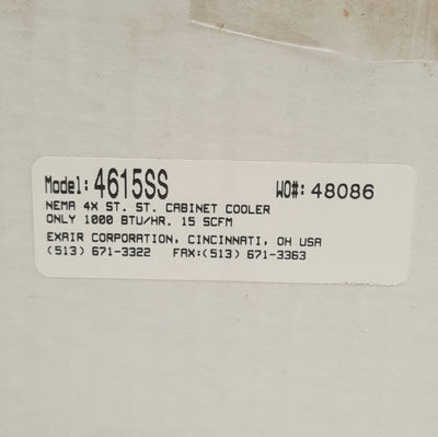 New Exair 4615SS Enclosure/Cabinet Cooler 303SS, 1000Btu/hr, 293W, 15SCFM, 1/4in NPT