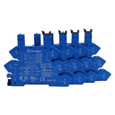 New Lot of 4 Finder 93.51.7.024 Relay Socket, 5-Pin, DIN Rail, 6A 250VAC, 12VDC Coil