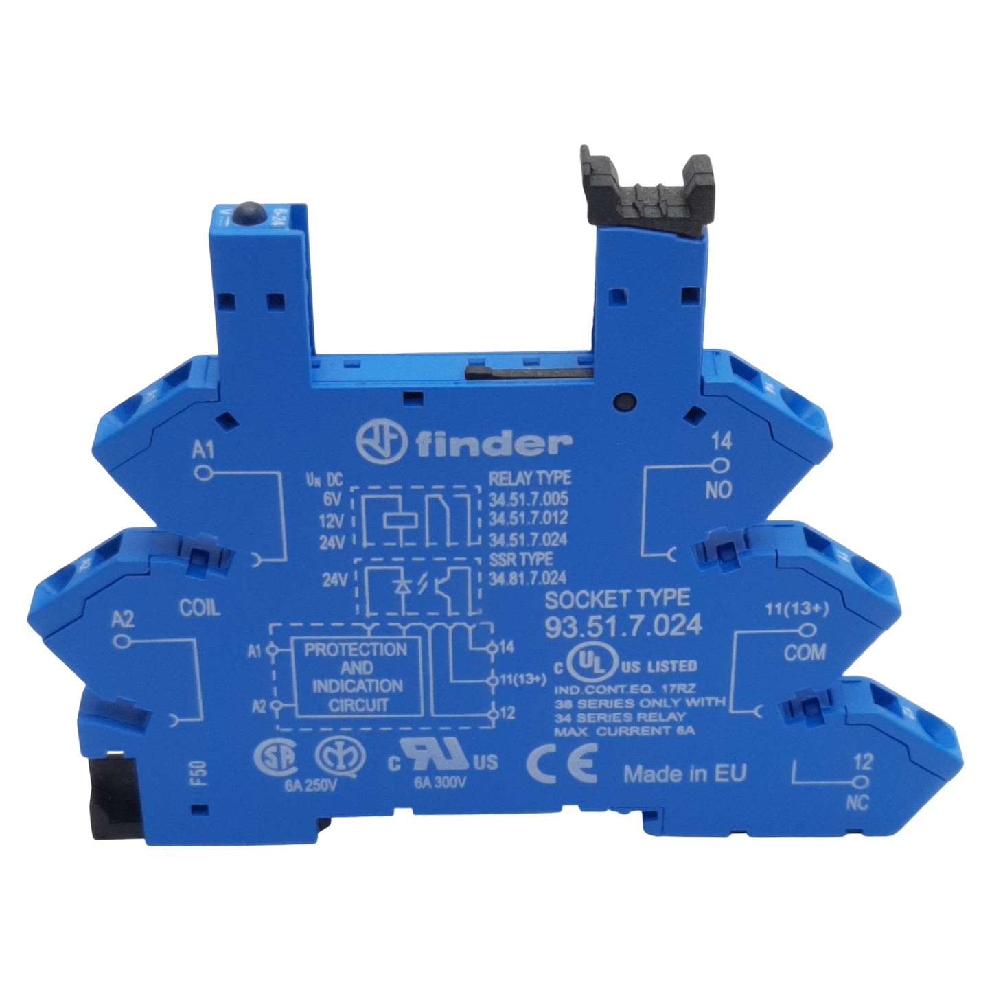 New Lot of 4 Finder 93.51.7.024 Relay Socket, 5-Pin, DIN Rail, 6A 250VAC, 12VDC Coil