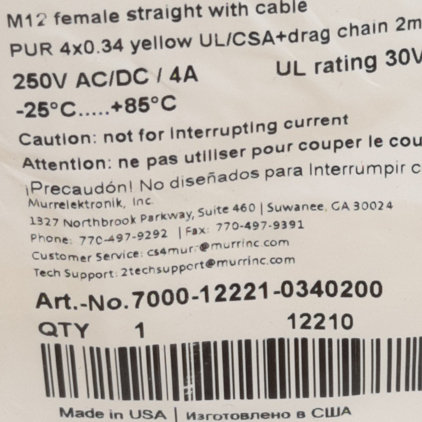 New Lot of 2 MurrElektronik 7000-1221-0340200 Cordset, 4-Pin M12 Female to Leads, 2m