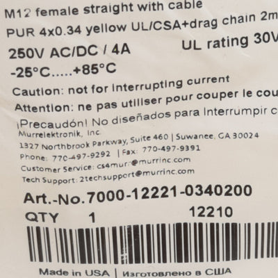 New Lot of 2 MurrElektronik 7000-1221-0340200 Cordset, 4-Pin M12 Female to Leads, 2m