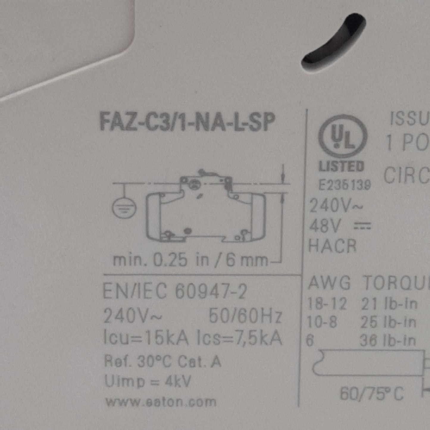Used Lot of 2 Eaton FAZ-C3/1-NA-L-SP Circuit Breaker, 1-Pole, 3A 240VAC, DIN Rail