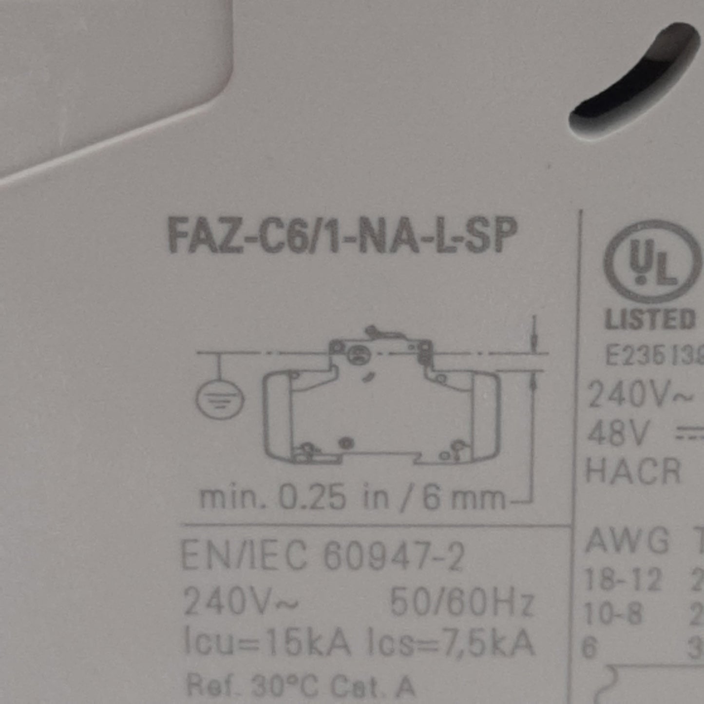 Used Lot of 2 Eaton FAZ-C6/1-NA-L-SP Circuit Breaker, 1-Pole, 6A 240VAC, DIN Rail