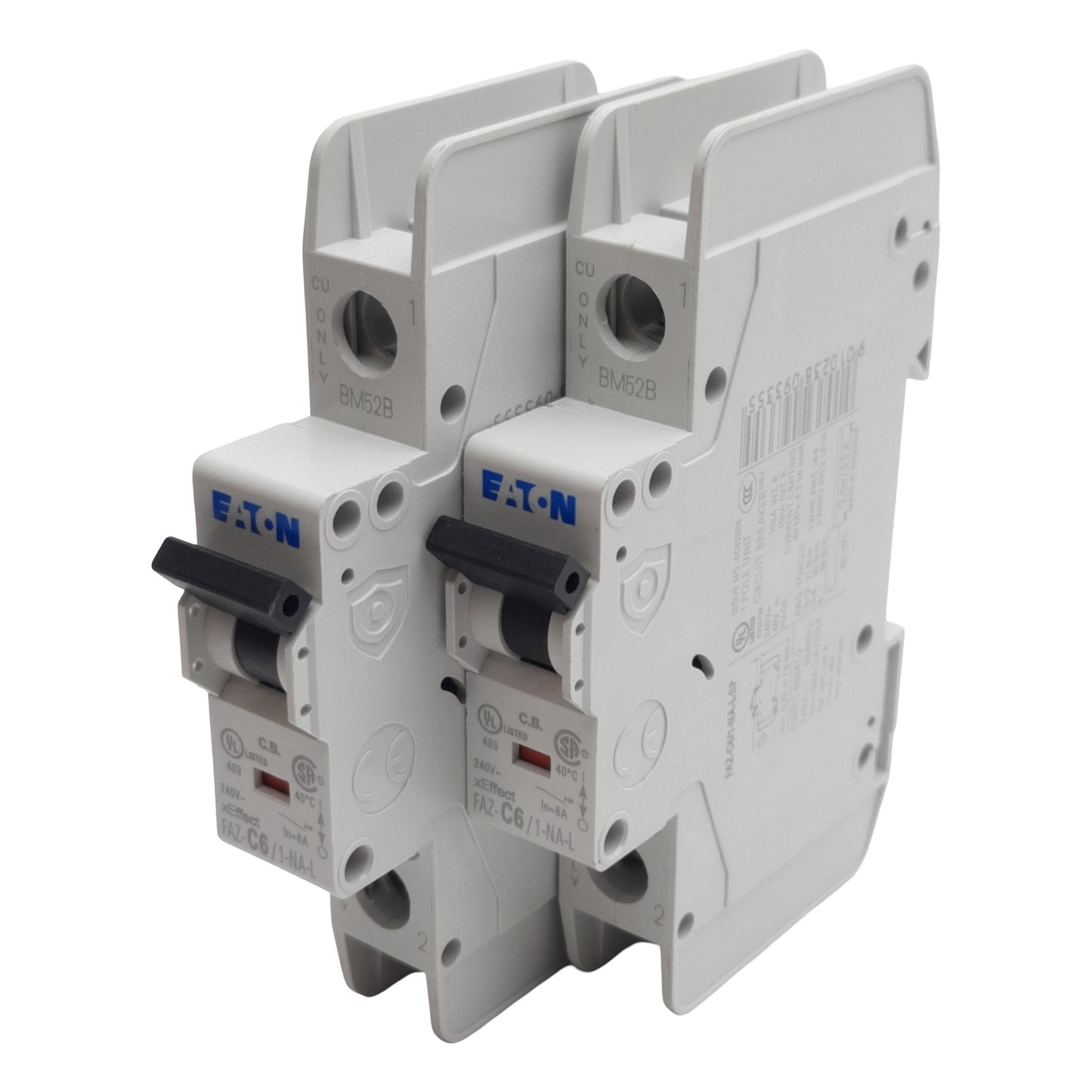 Used Lot of 2 Eaton FAZ-C6/1-NA-L-SP Circuit Breaker, 1-Pole, 6A 240VAC, DIN Rail