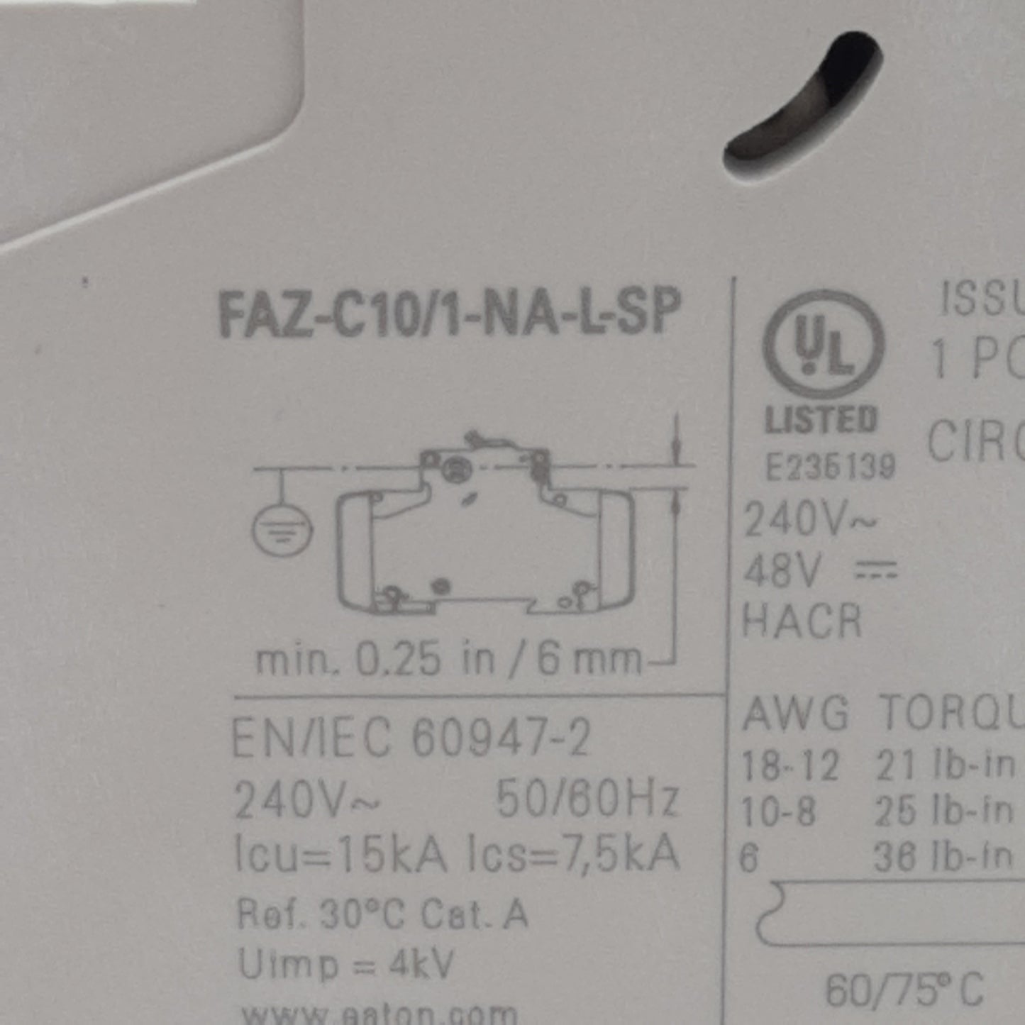 Used Eaton FAZ-C10/1-NA-L-SP Circuit Breaker, 1-Pole, 10A 240VAC, DIN Rail